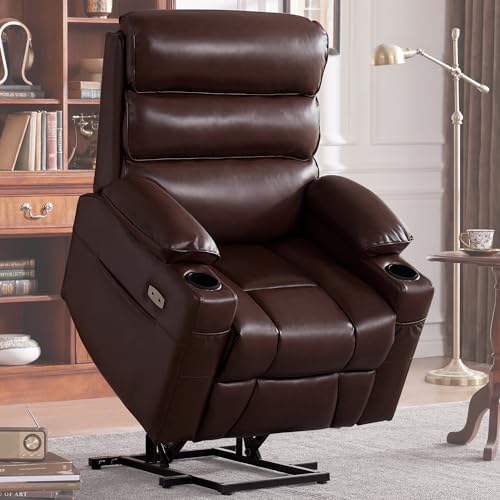 Lay Flat Power Lift Recliner Chair for Elderly, Dual Motor Lift Chairs with Memory Electric Seat, Heat & Massage, USB & Type C Ports, Cup holders, Breathable Leather Brown
