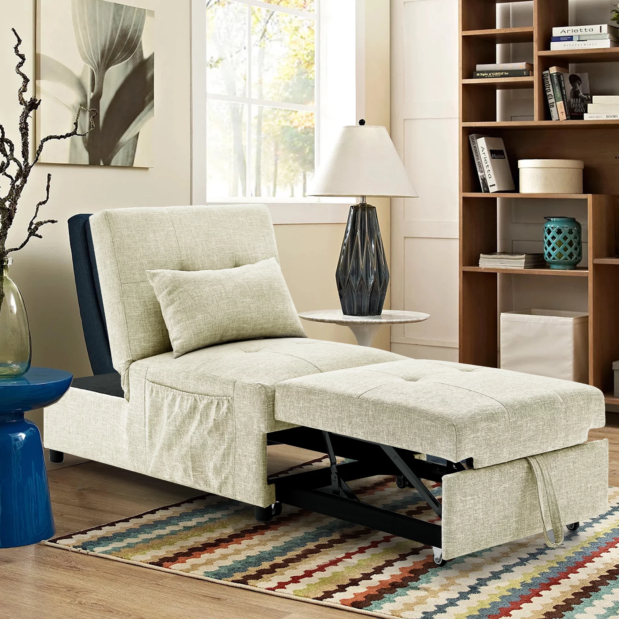 Folding Sofa Bed Chair, 4in1 Multi-Function Single Folding Ottoman Sleeper Sofa Bed w/Storage Bag, Modern Sleeper Convertible Chair Adjustable Backrest, Small Couch Bed for Apartment, Beige