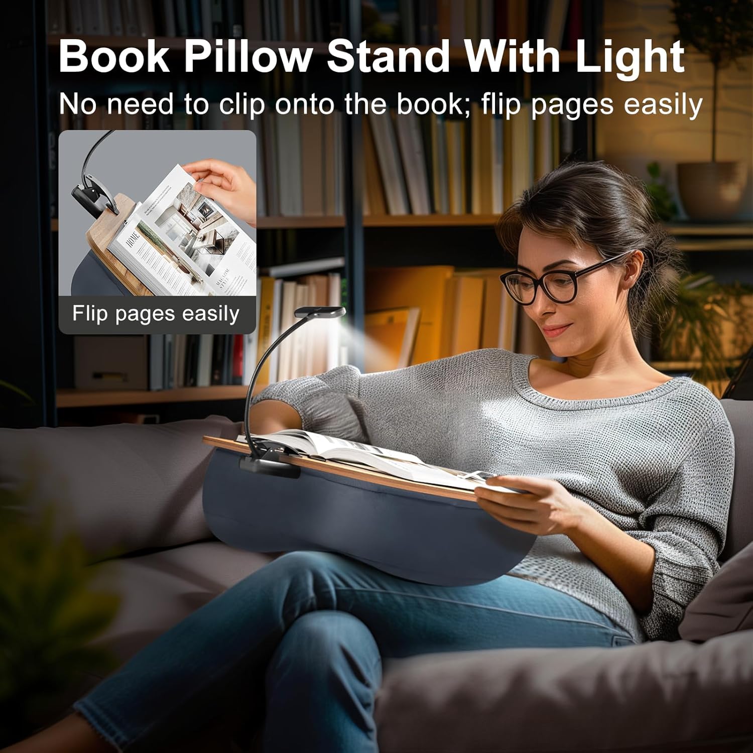 Beanbag Book Pillow Stand with 6500K Reading Light, Hands Free Book Holder, Comfortable Lap Book Stand for Reading in Bed, Desk, or Sofa, Wooden Book Rest for Book Lovers,AAA Battery Required