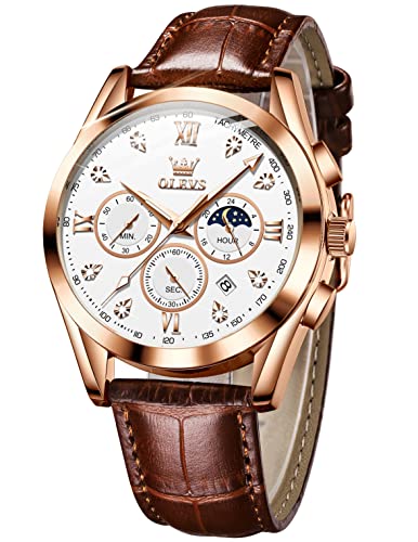 OLEVS Mens Watches Leather Chronograph Luxury Fashion Dress Analog Quartz Wrist Watch Luminous Waterproof Moon Phase Date