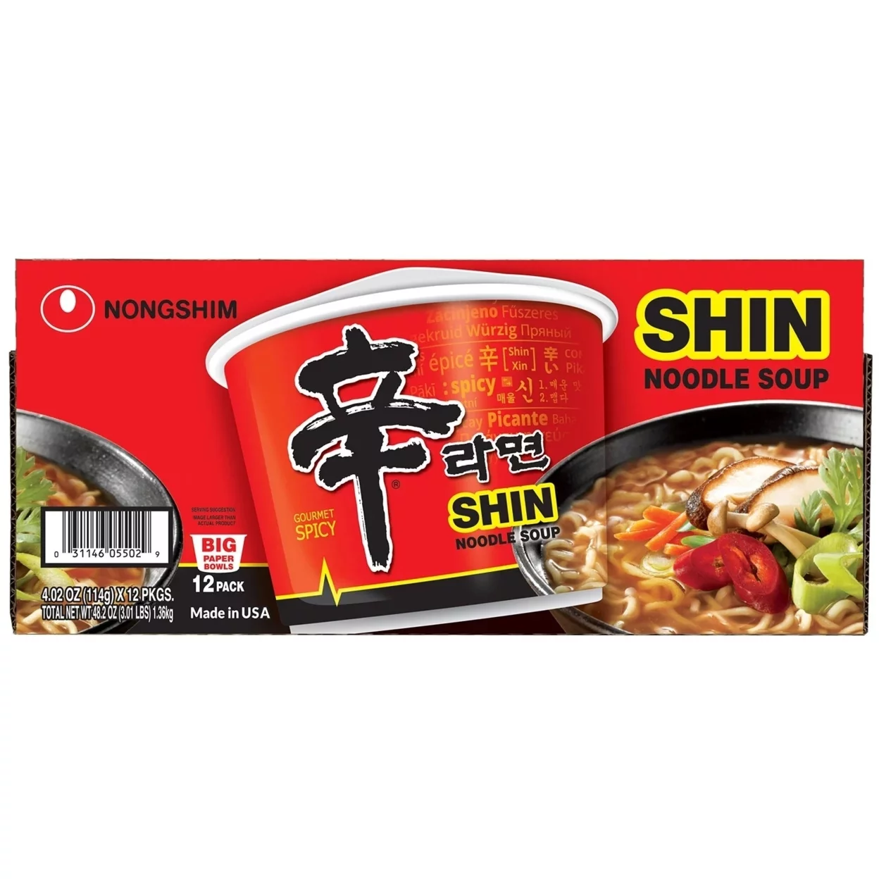 Nongshim Shin Ramyun Spicy Beef Ramen Noodle Soup, 4.02 Ounce (Pack of 12)