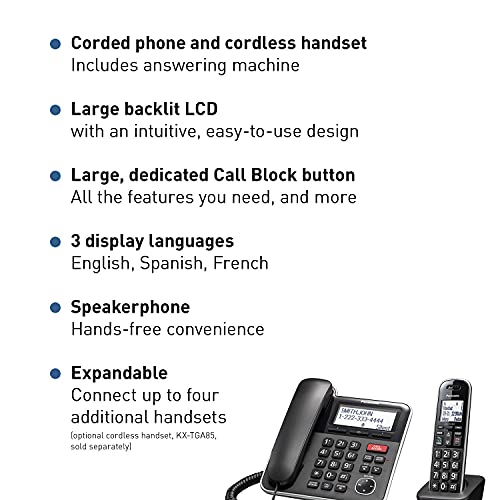 Panasonic Expandable Corded/Cordless Phone System with Answering Machine and One Touch Call Blocking – 2 Handsets - KX-TGB852B (Black)