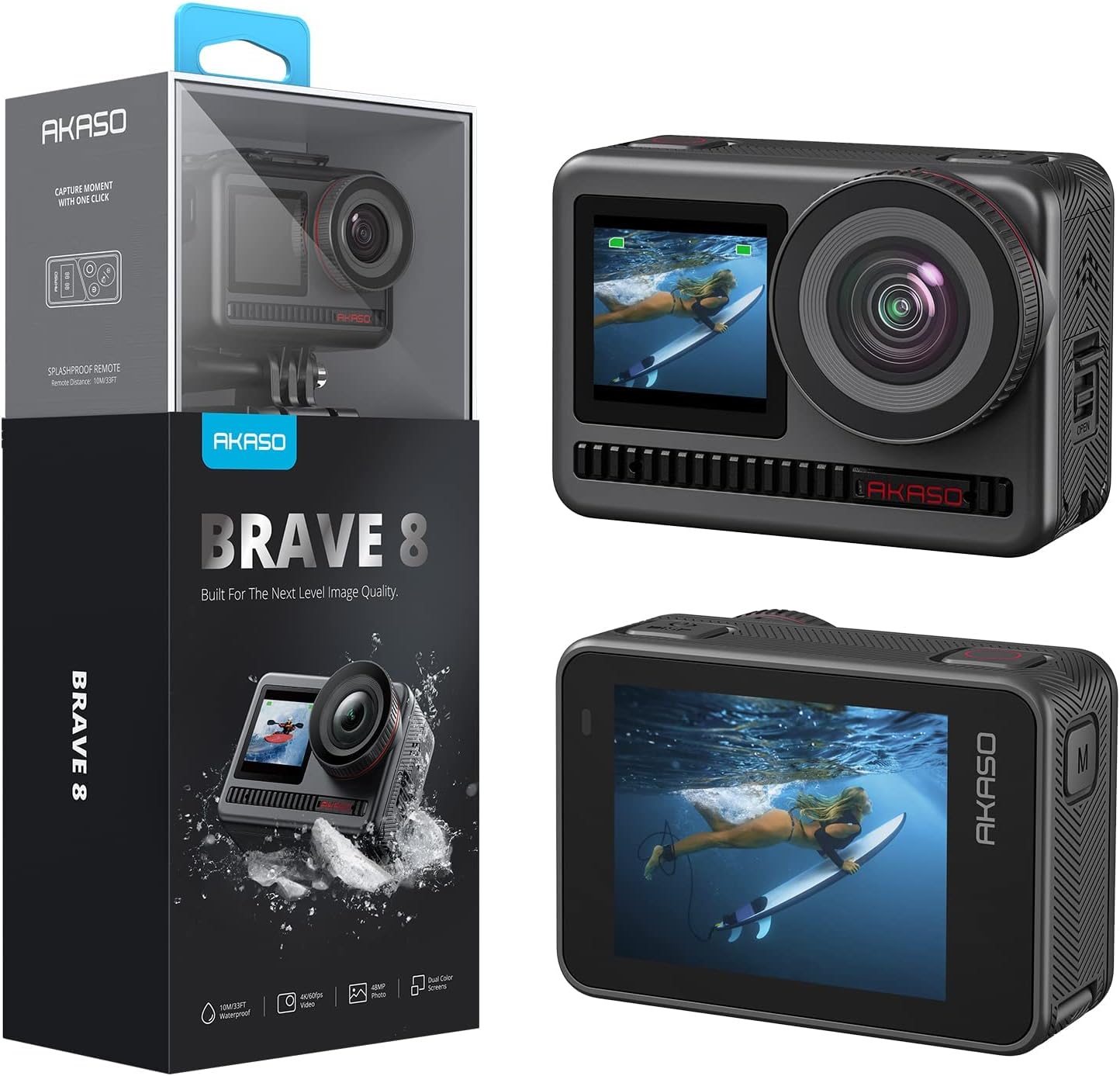 AKASO Brave 8 4K60FPS Action Camera, 48MP Photo Touch Screen Waterproof Super Wide Angle 16x Slo-mo SuperSmooth Stabilization Underwater Camera with Remote Control Helmet Accessories