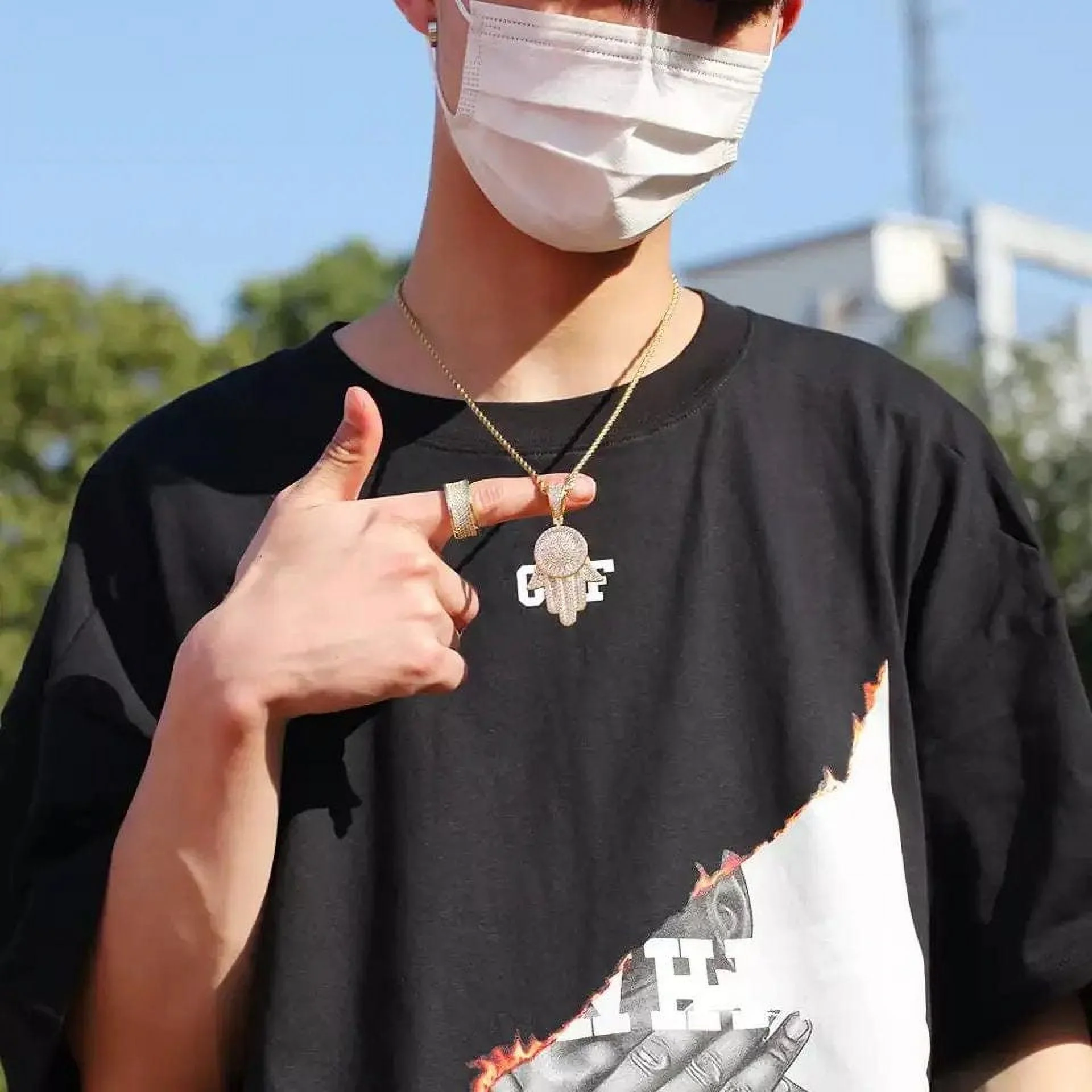 14K Gold Over Finish Simulated Diamond Iced Out Hip Hop Baguette Hamsa Hand of Fatima Evil Eye Protection Charm Pendant Necklace, Gift