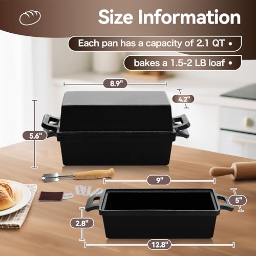 Cast Iron Loaf Pans for Baking Bread 9 x 5in, 2 Piece Pre-Seasoned Bread Pans for Homemade Bread, Includes Sourdough Bread Baking Supplies, Cast Iron Dutch Oven with Lid for Homemade Bread, Meat Loaf