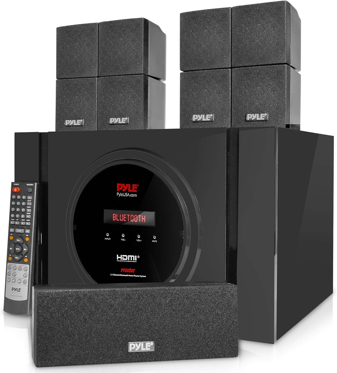 Pyle 5.1 Channel Home Theater Speaker System - 300W Bluetooth Surround Sound Audio Stereo Power Receiver Box Set w/ Built-in Subwoofer, 5 Speakers, Remote, FM Radio, RCA - PT589BT,Black