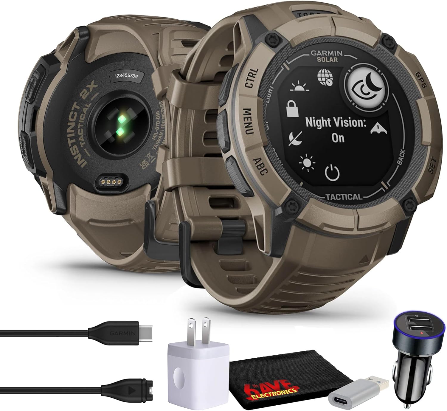 Garmin Instinct 2X Solar - Tactical Edition Coyote Tan, Rugged Outdoor GPS Smartwatch for Men, Ballistics Calculator, Solar Charging Capability Built-in Flashlight Smart Watch Bundle with Accessories
