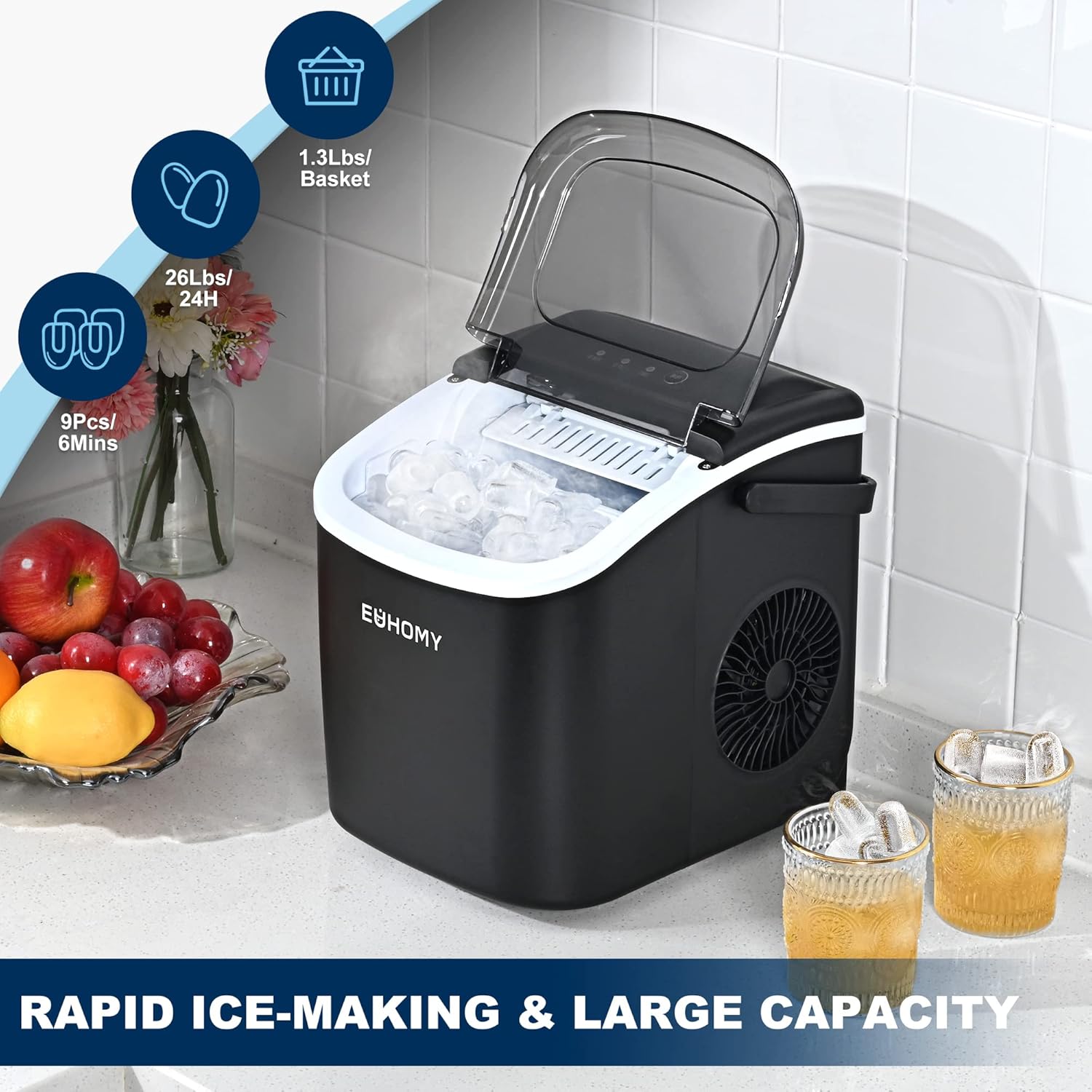 EUHOMY Countertop Ice Maker with Handle, 26lbs in 24Hrs, 9 Ice Ready in 6 Mins, Self-Cleaning, Portable Ice Maker Machine with 1.3lbs Basket and Scoop for Home/Kitchen/Camping/RV/Dorm. (Black)