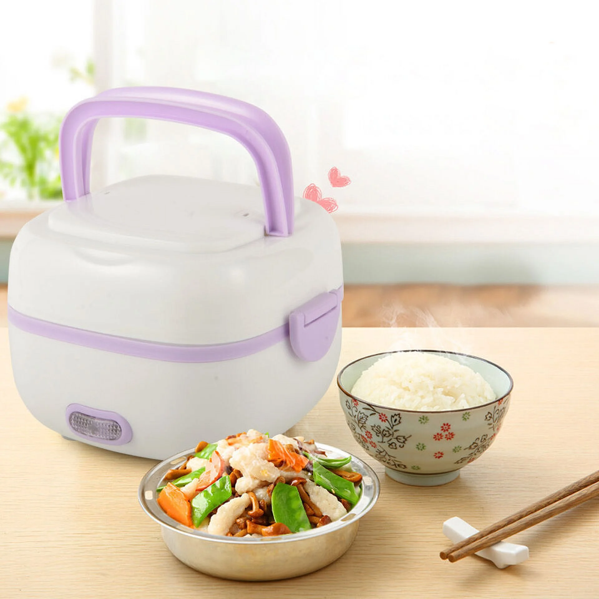 Electric Lunch Box Mini Rice Cooker Portable Food Steamer Stainless Steel 1L