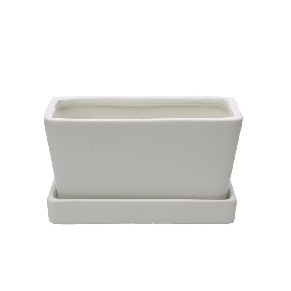 KRALIX Succulent Planter Ceramic Containers, Cactus Planters, Flower Pots with Drainage Hole and Tray, White Rectangular Planter