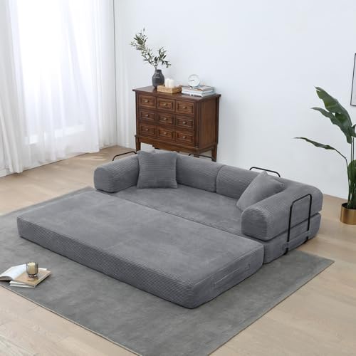 79'' Convertible Sleeper Sofa Bed, Modular Loveseat Small Couches for Small Spaces, Futon Sofa Bed Furniture, Lounge Floor Couch for Living Room, Bedroom, Apartment (Corduroy Fabric, Dark Gray)