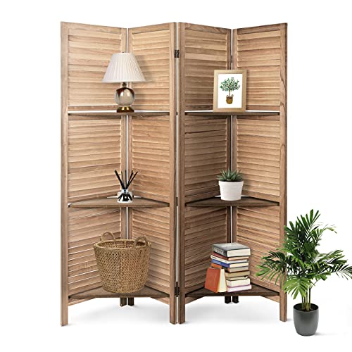 Babion Room Divider with Shelves, 4 Panels Room Dividers and Folding Privacy Screens, Folding Room Screens, Freestanding Portable Wall Divider, Wood Dividers with Display Shelves, Brown