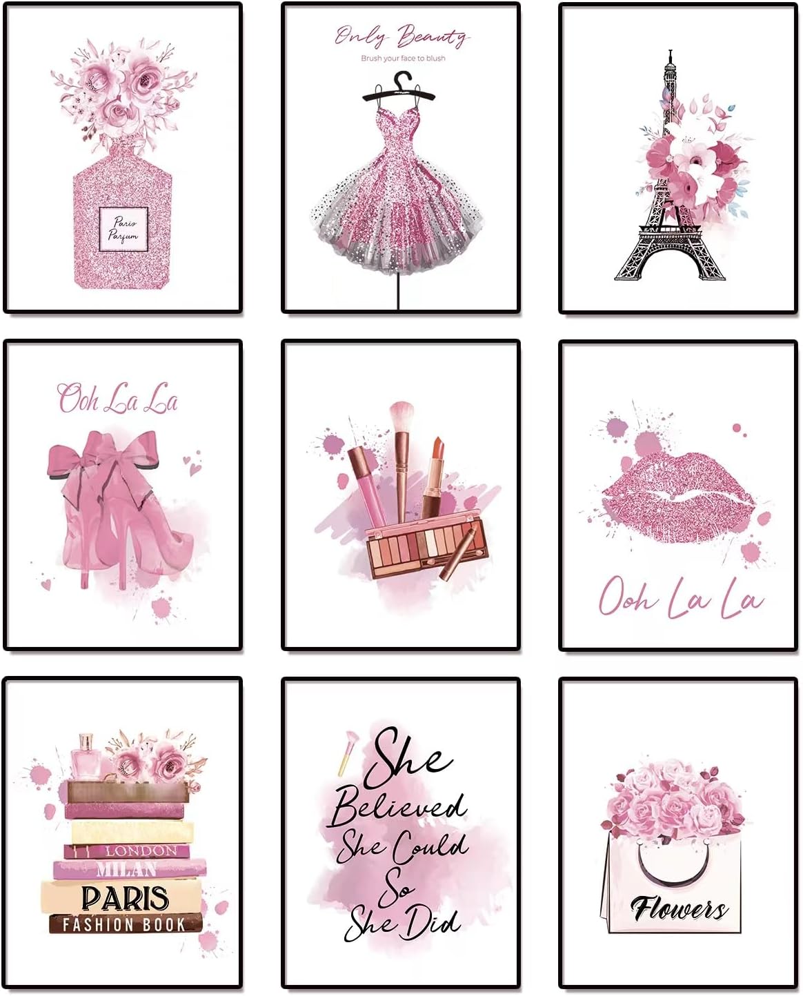 DRBLUEB Pink Flower Perfume Fashion Paris Wall Art Prints Set of 9 High Heels Lipstick Dress Wall Pictures Art Posters Wall Decor for Girls Bedroom Makeup Art Women Room 8''x10'' UNFRAMED, LXM0004-2