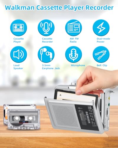 Cassette Recorder Player Walkman with AM FM, Compact Vintage Cassette Tape Player with Big Speaker, Earphone Jack, Removable Clip, Microphone Recording, Powered by DC or AA Battery
