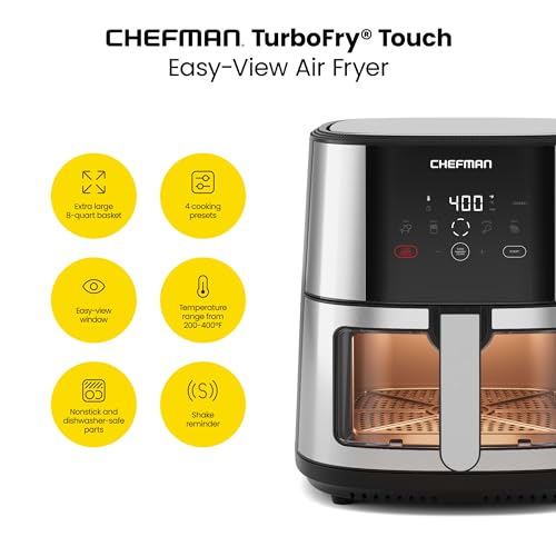 Chefman TurboFry® Touch Air Fryer, XL 8-Qt Family Size, One-Touch Digital Control Presets, French Fries, Chicken, Meat, Fish, Nonstick Dishwasher-Safe Parts, Automatic Shutoff, Stainless Steel