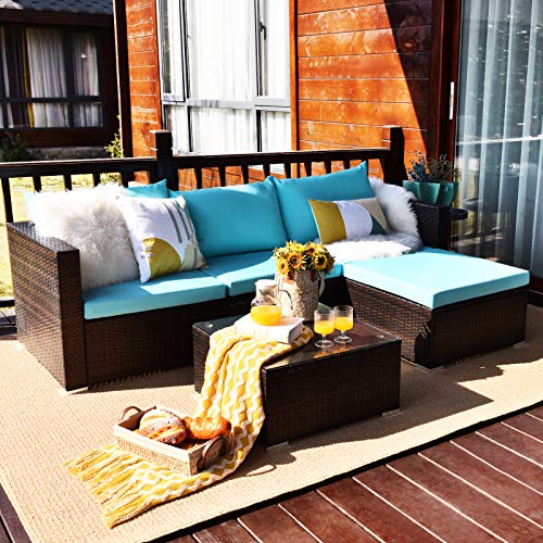 Tangkula 5 Piece Outdoor Patio Furniture Set, Sturdy Frame and Weight Capacity Up to 360 Pound, Wicker Sectional Sofa Set with Glass Top Coffee Table, Porch Garden Poolside Furniture for 4 (Turquoise)