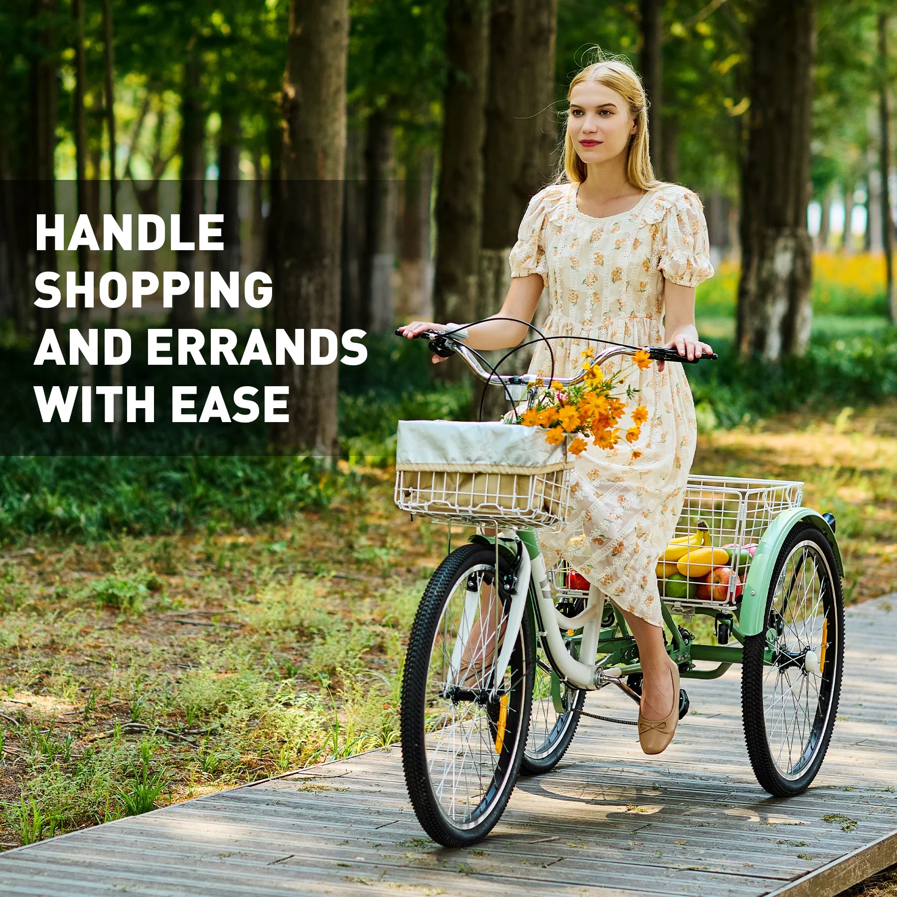 VIRIBUS Tricycle for Adults 26 Inch Bike w 7 Gears Front Rear Basket Mint White