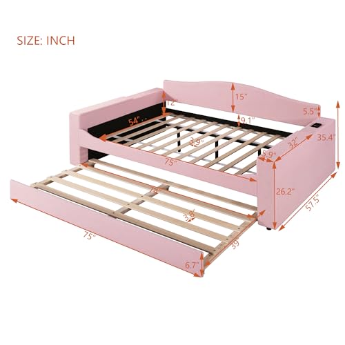 Full Size Classic Upholstered Daybed with 2 Storage Drawers, Wooden Sofa Bed Frame with Linen Fabric Back and Wood Slat Support for Bedroom Guest Room, No Box Spring Needed (Beige-05+Drawers)