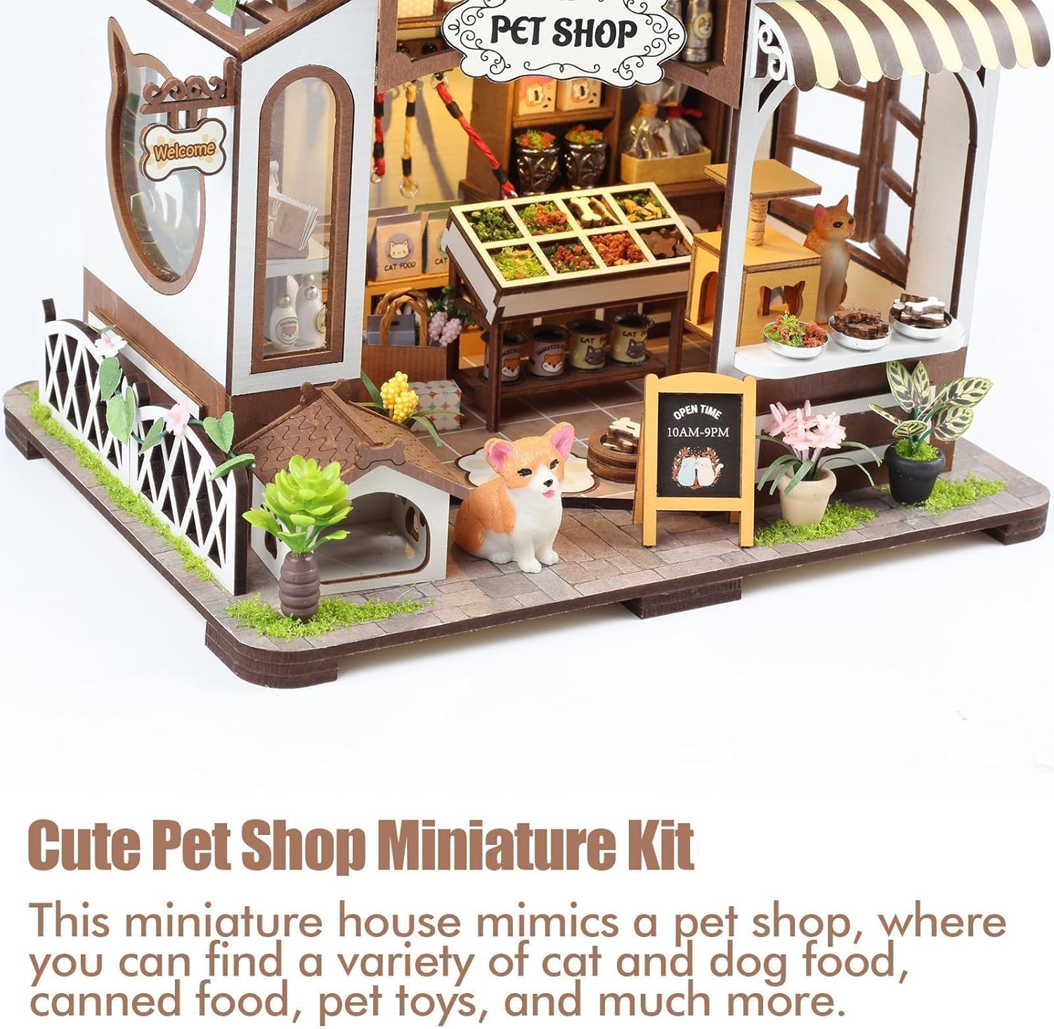 DIY Miniature House Kits 3D Wooden Pet Shop DIY Miniature Dollhouse Kit Mini House Building Kit with Furniture and Light Tiny House DIY Crafts Kit for Adults Teen Birthday Home Decor