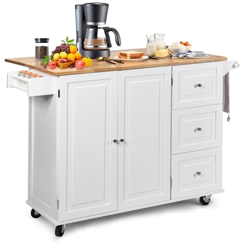 SILKYDRY Kitchen Island with Stainless Steel Top, Rolling Kitchen Trolley Cart with Storage Cabinet, 3 Drawers, Towel & Spice Rack, Island Table for Kitchen, Dining Room