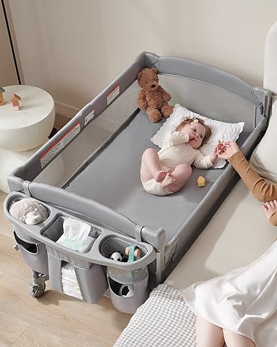 Baby 4 in 1 Bassinet Bedside Sleeper, 4 Functions Bedside Crib Sleeper, Playard, Changing Table, Baby Bassinet for Newborn Baby, Bedside Bassinet for Baby Portable Changing Table