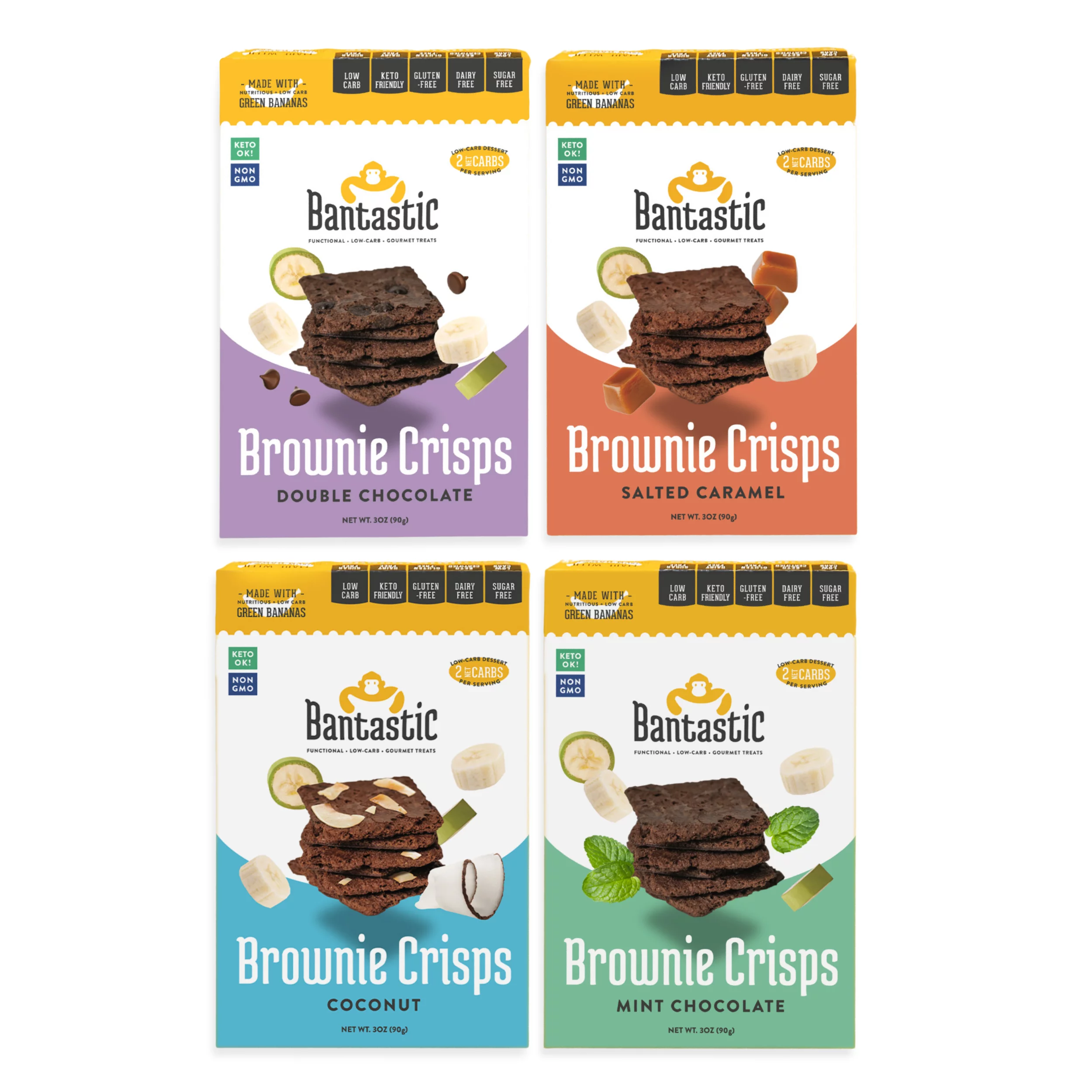 Bantastic Brownie Sugar-free Snack - Variety 4-Pack - Double Chocolate, Mint, Coconut, Caramel - 3oz (90g) Each - Crunchy Thin Low Carb, Keto, Gluten-Free, Dairy-Free