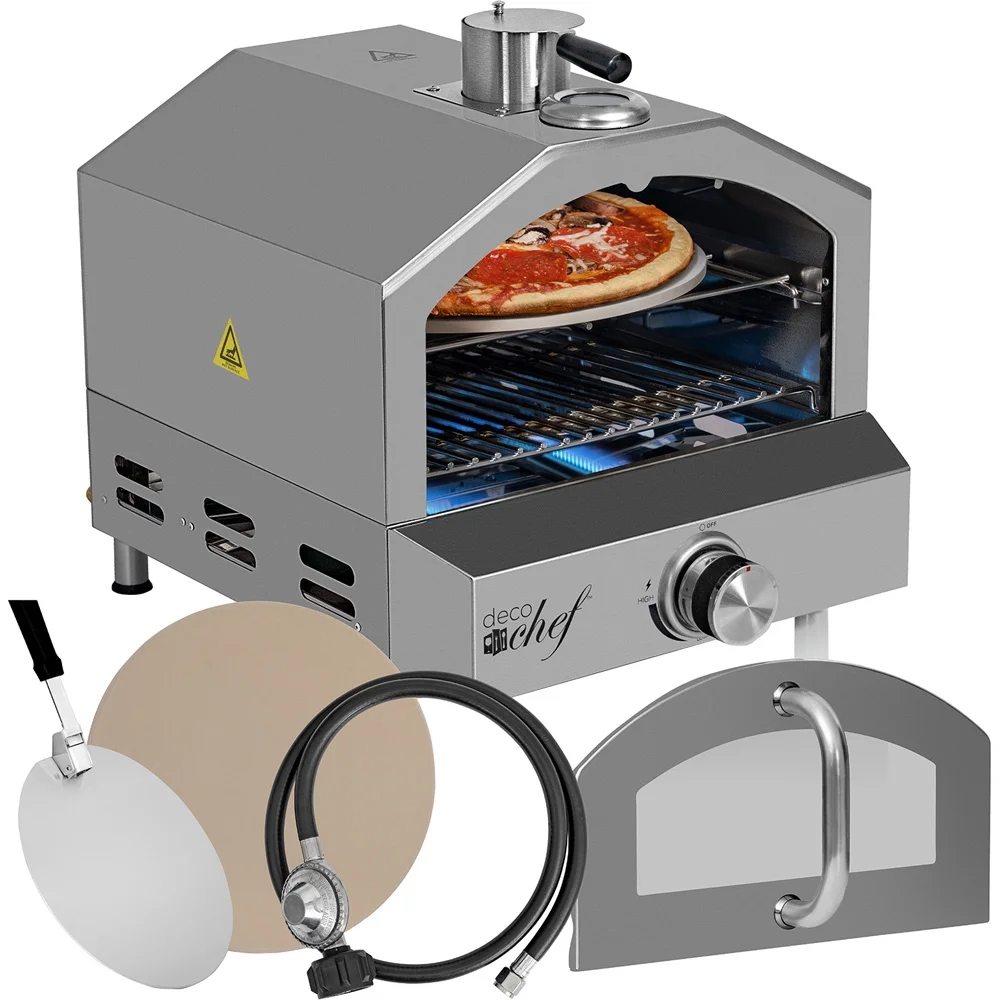 Open Box Deco Chef Portable Outdoor Pizza Oven and Grill with Propane Gas CSA Approved Regulator and Hose, Includes Pizza Peel, Stone, Easy Temperature Dial, Built-In Thermometer, and Grill Rack