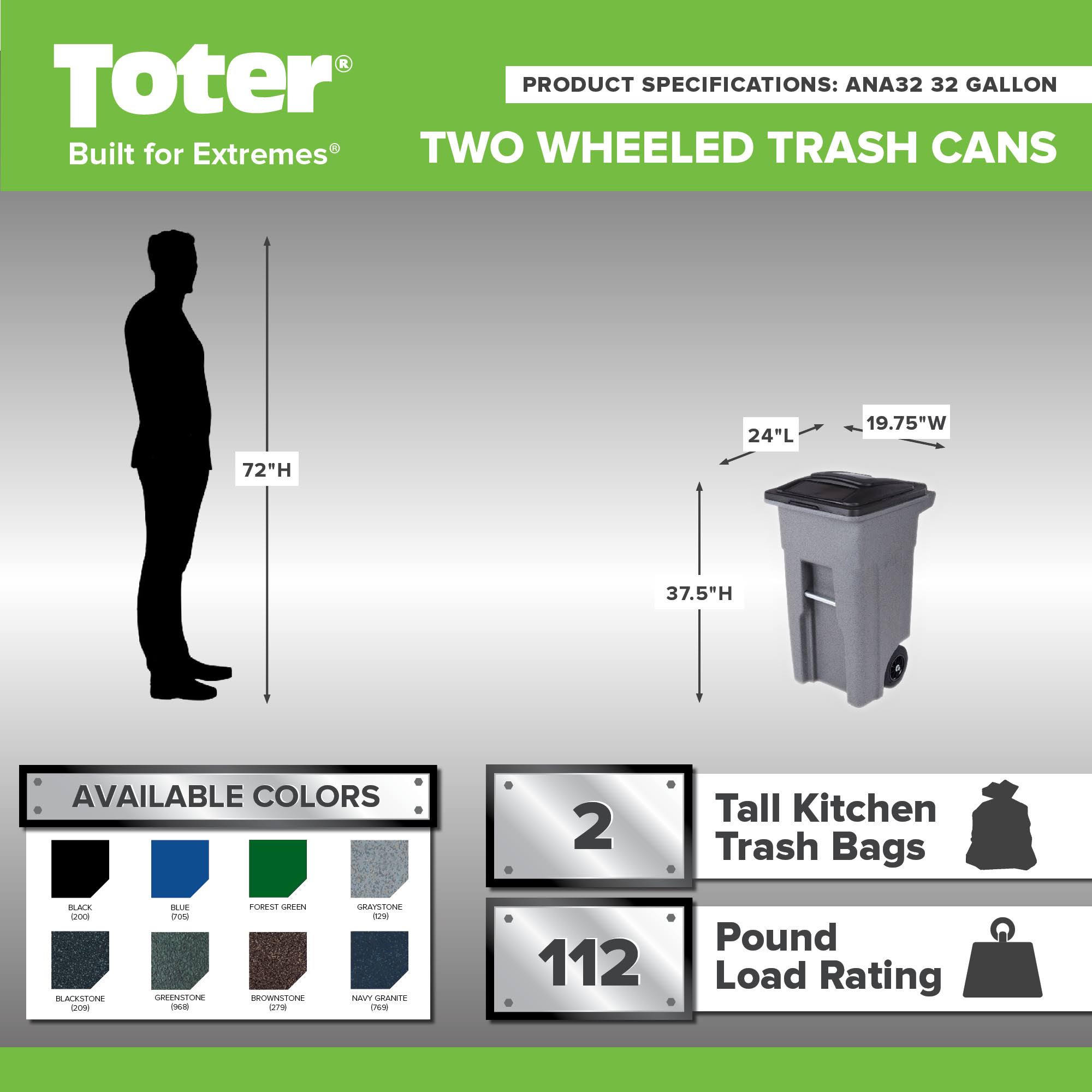 Toter 32 gal. Blackstone Trash Can with Quiet Wheels and Attached Lid