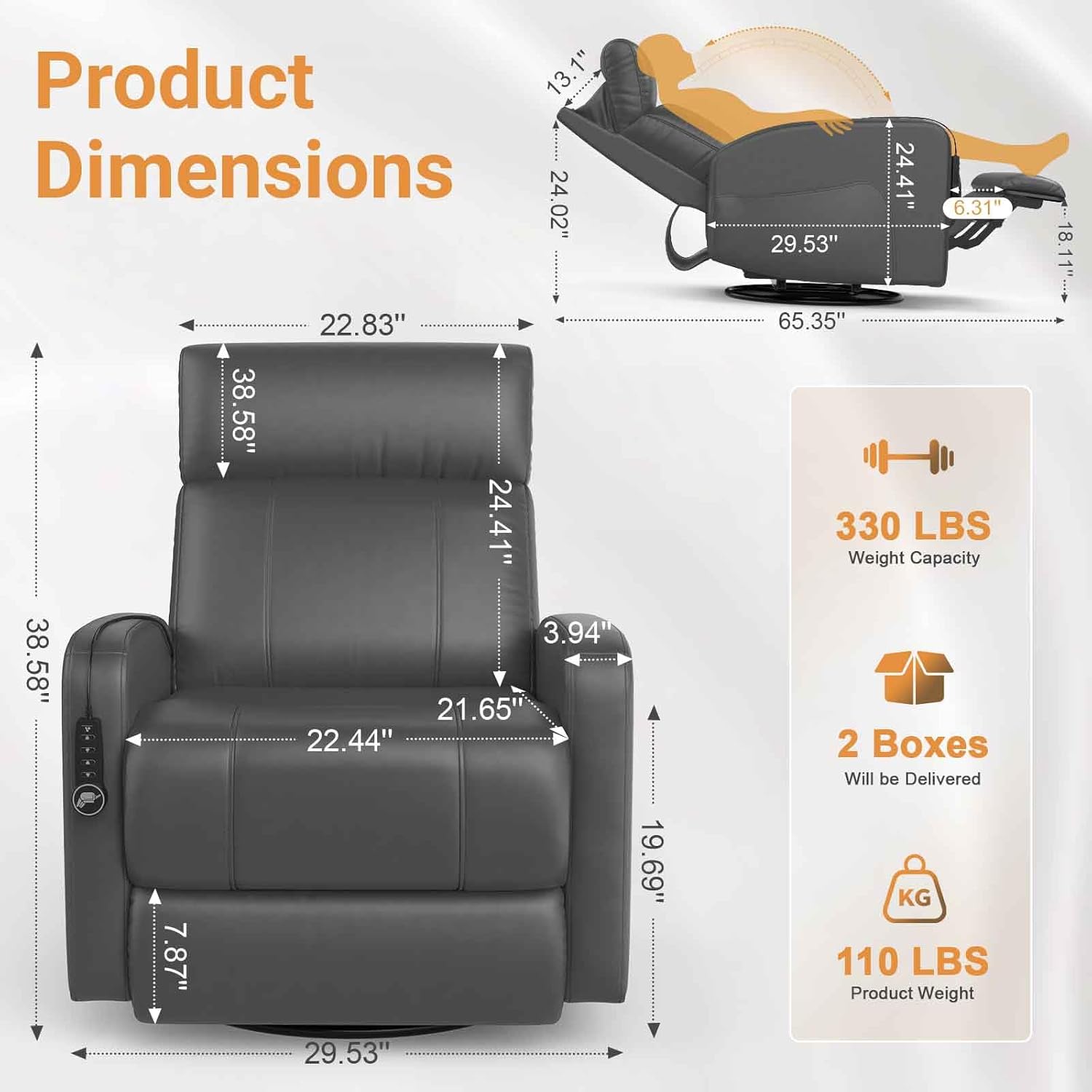 Power Recliner Nursery Glider Chair, Power Adjustable Head Support, 270 Degree Swivel Glider Rocking Chair with USB & Type C Ports, PU Leather Recliner Chair for Nursing, Living Room, Grey