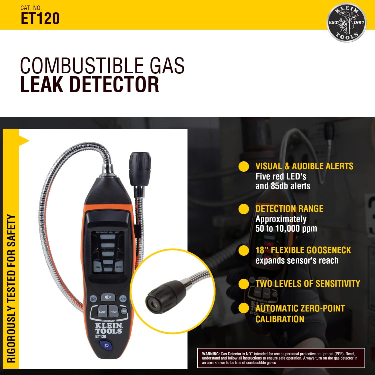 Klein Tools ET120 Gas Leak Detector, Combustible Gas Leak Tester with 18-Inch Gooseneck Has Range 50 - 10,000 ppm, Includes Pouch, Batteries