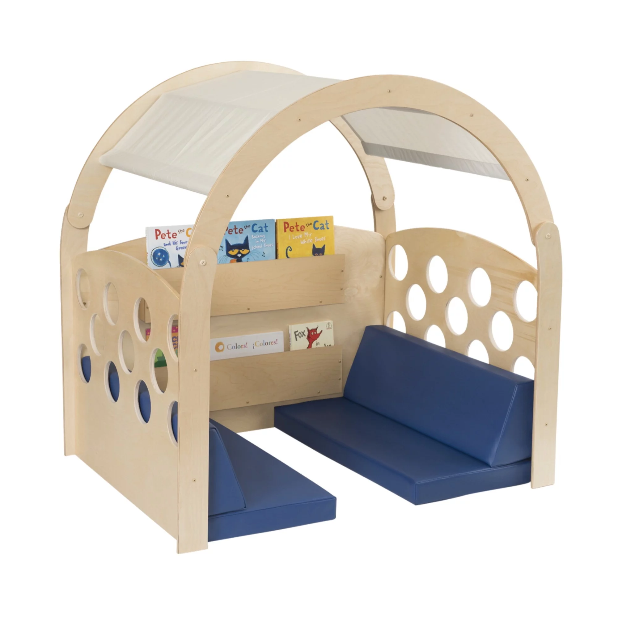 Childcraft Reading Nook, Tan/Red Canopy with Blue Cushions, 49-1/2 W x 37 D x 50 H in
