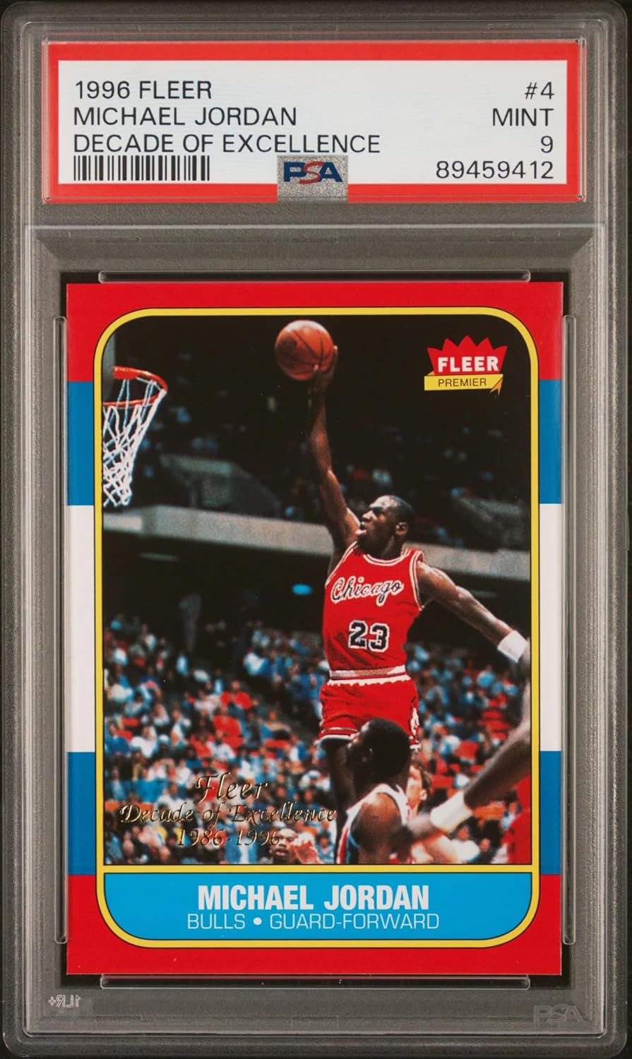 Graded 1996 Fleer Michael Jordan #4 Decade of Excellence Rookie Reprint Basketball Card PSA 9 Mint