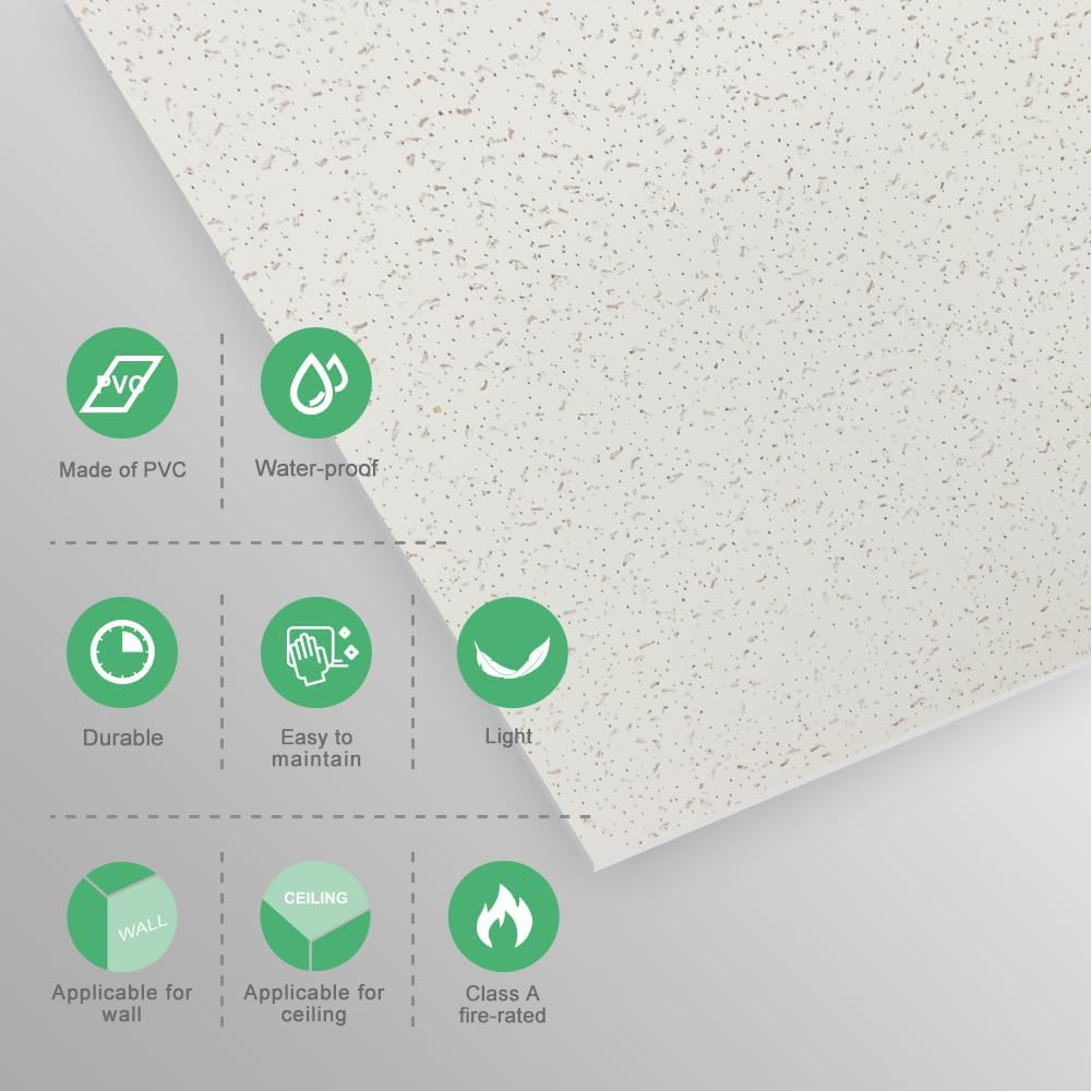2ft x 4ft Printed Pro Ceiling Tiles - PVC Ceiling Panel 24 x 48in – Waterproof, Washable and Fire-Rated - High-Grade PVC to Prevent Breakage-Package of 10 Tiles