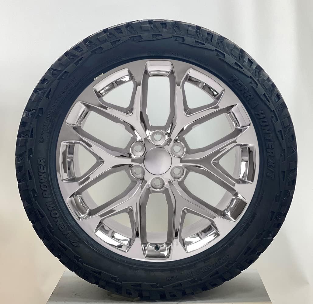22 Inch Chrome Snowflake Wheels Rims with 33x12.50R22 Tires Lugs TPMS Fits 2000-2023 Chevy Silverado, Tahoe, Suburban and GMC Sierra, Yukon, and Cadillac Escalade SET of 4