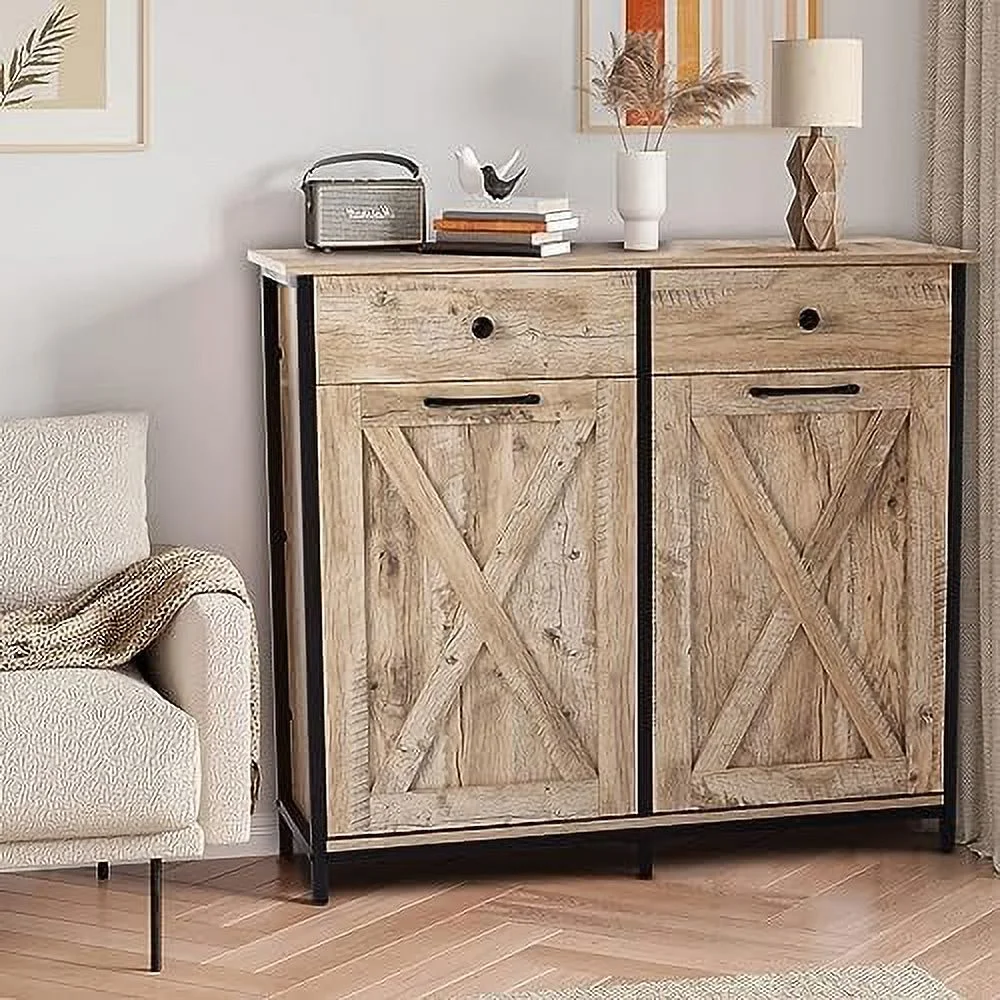 TJUNBOLIFE Double Barn Door Style Trash Cabinet  Double Tilt Out Trash Cabinet with Solid Hideaway Drawer Rustic Kitchen Trash Cabinet Free Standing Wooden Kitchen Recycling Cabinet  Hold