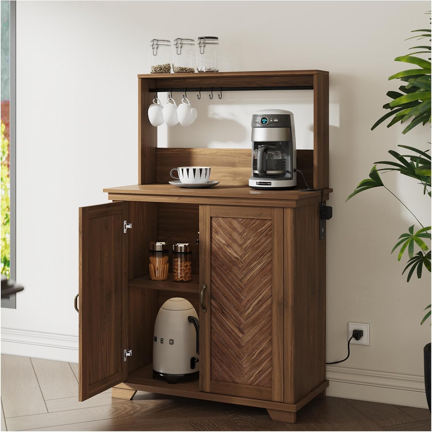 Coffee Bar Cabinet with Storage,Farmhouse Coffee Bar Table with Charging Station,Coffee Buffet Cabinet with 6 Hooks & Adjustable Shelf,Corner Coffee Bar Hutch for Living Dining Room,Kitchen,Walnut
