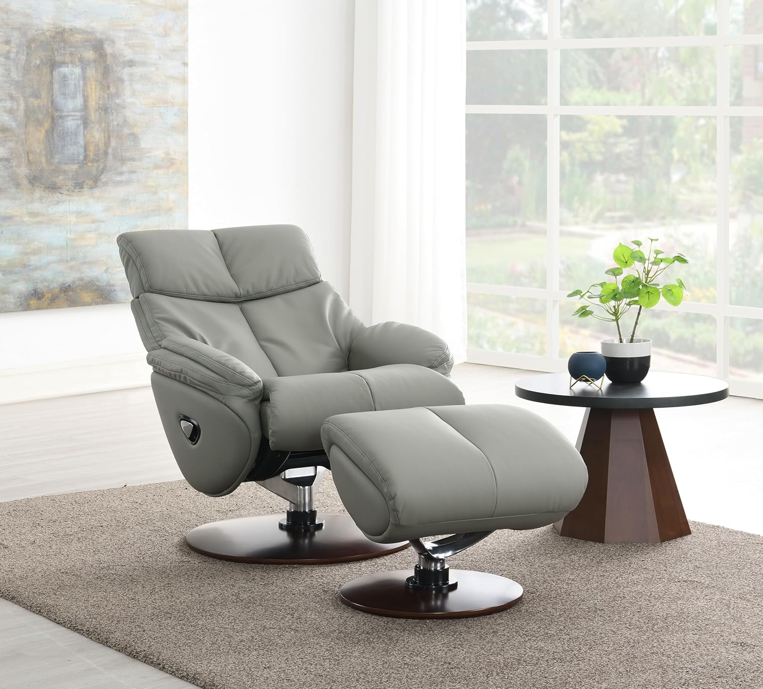 Genuine Leather Swivel Chair with Ottoman - Swivel Recliner Chair with Reclining and Swivel Function, Upholstered Chair and Ottoman Set with High Backrest and Round Wooden Base, Gray