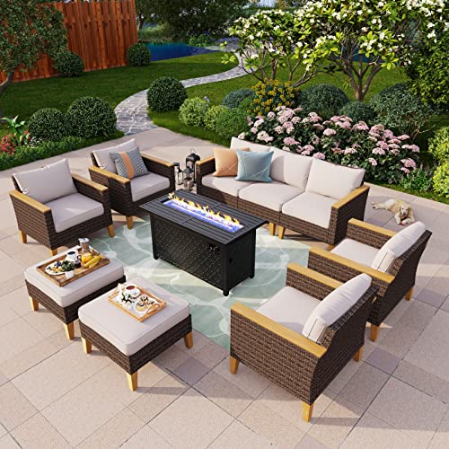 PHI VILLA 12 Seat Patio Furniture Set Outdoor Large 12 Pieces Wicker Conversation Sofa with Cushioned Ottoman for Garden Poolside, Beige