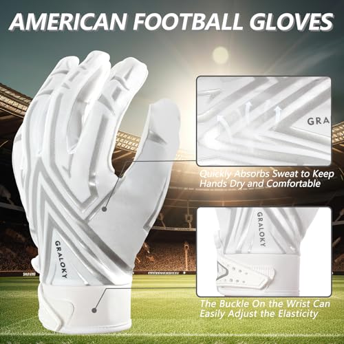 Football Gloves Men Women Boys, Youth Adult Football Receiver Gloves, Ultra Sticky Silicone Palm Tacky Grip Football Gloves, Enhanced Performance White Football Gloves