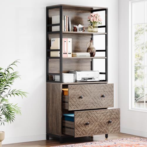 Tribesigns 2-Drawer File Cabinet, Vertical Lateral Filling Cabinet for Letter Size/A4 Size, Printer Stand with 3 Open Storage Shelves for Home Office (Brown)