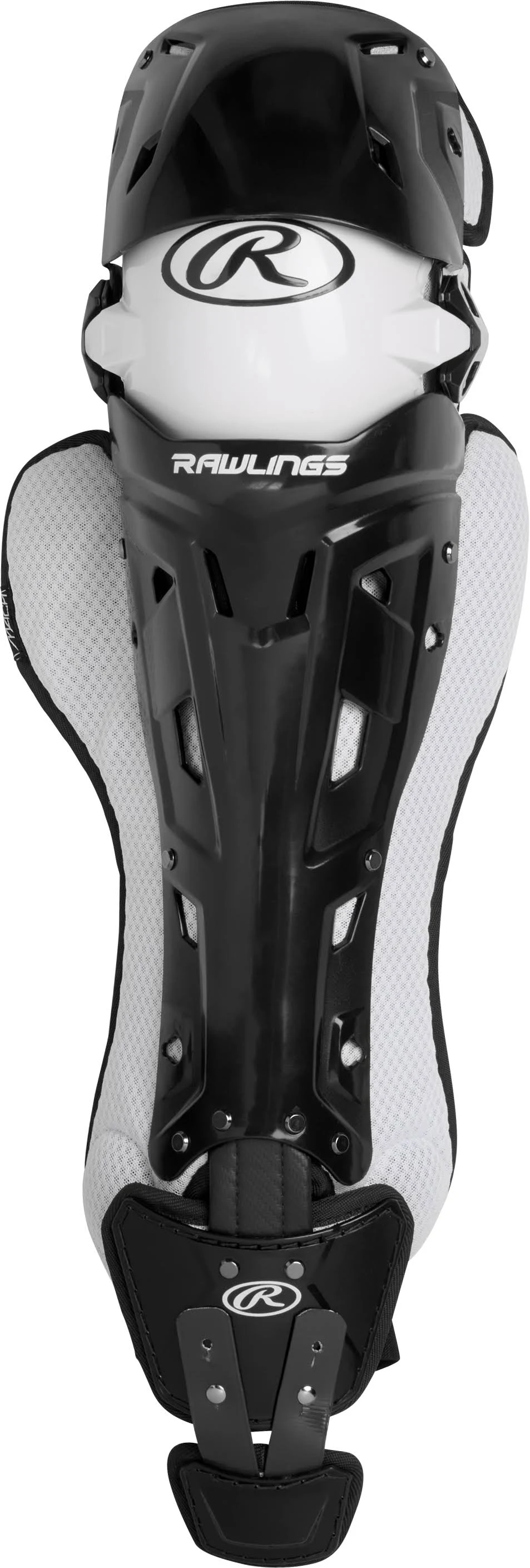 Rawlings Mach Adult NOCSAE Baseball Catcher&s Leg Guards, Black/White