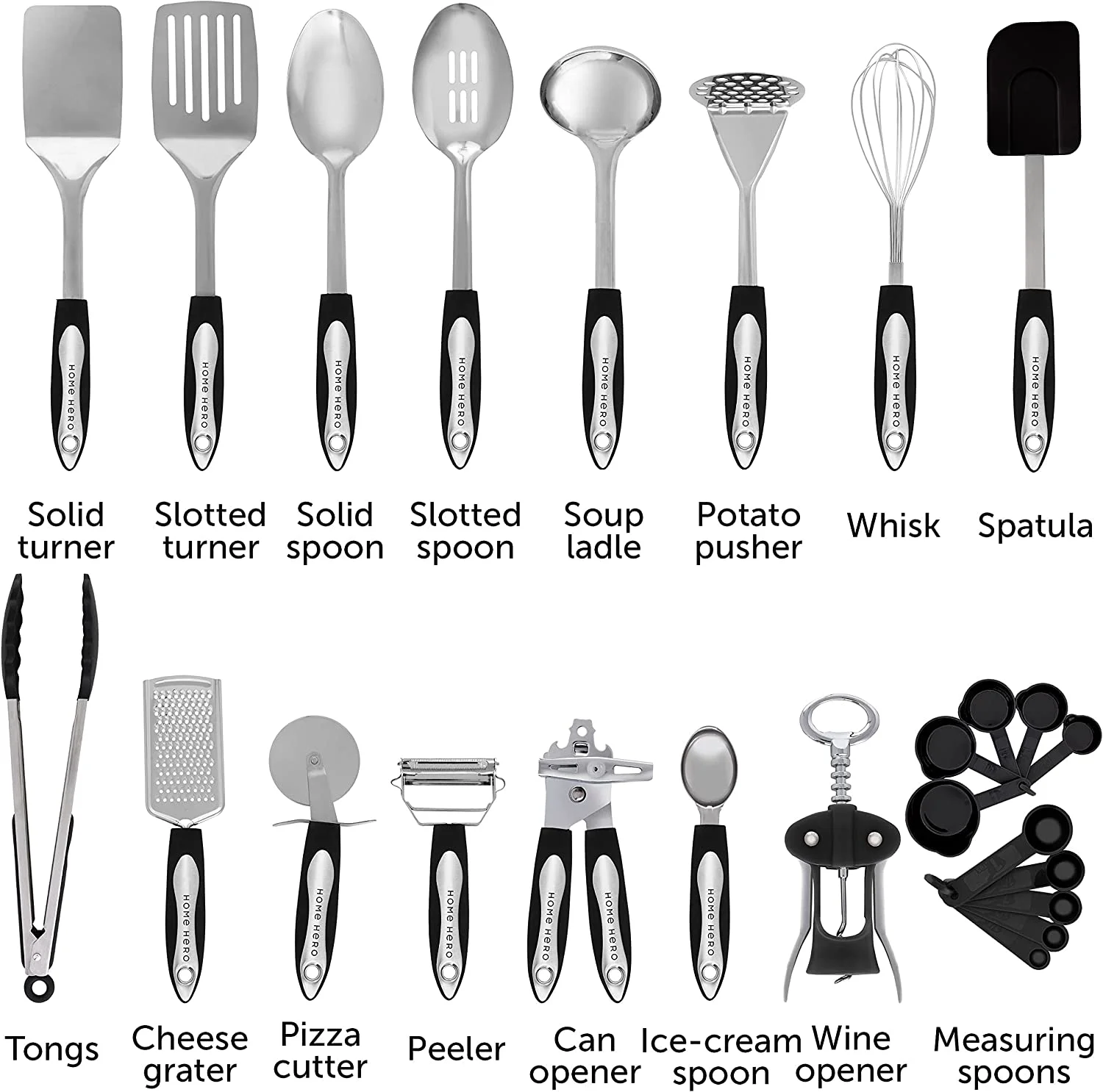 Home Hero - Kitchen Utensils - Cooking Utensils Set - Nonstick Cookware Set - Dishwasher safe - 41 Pcs, Silver