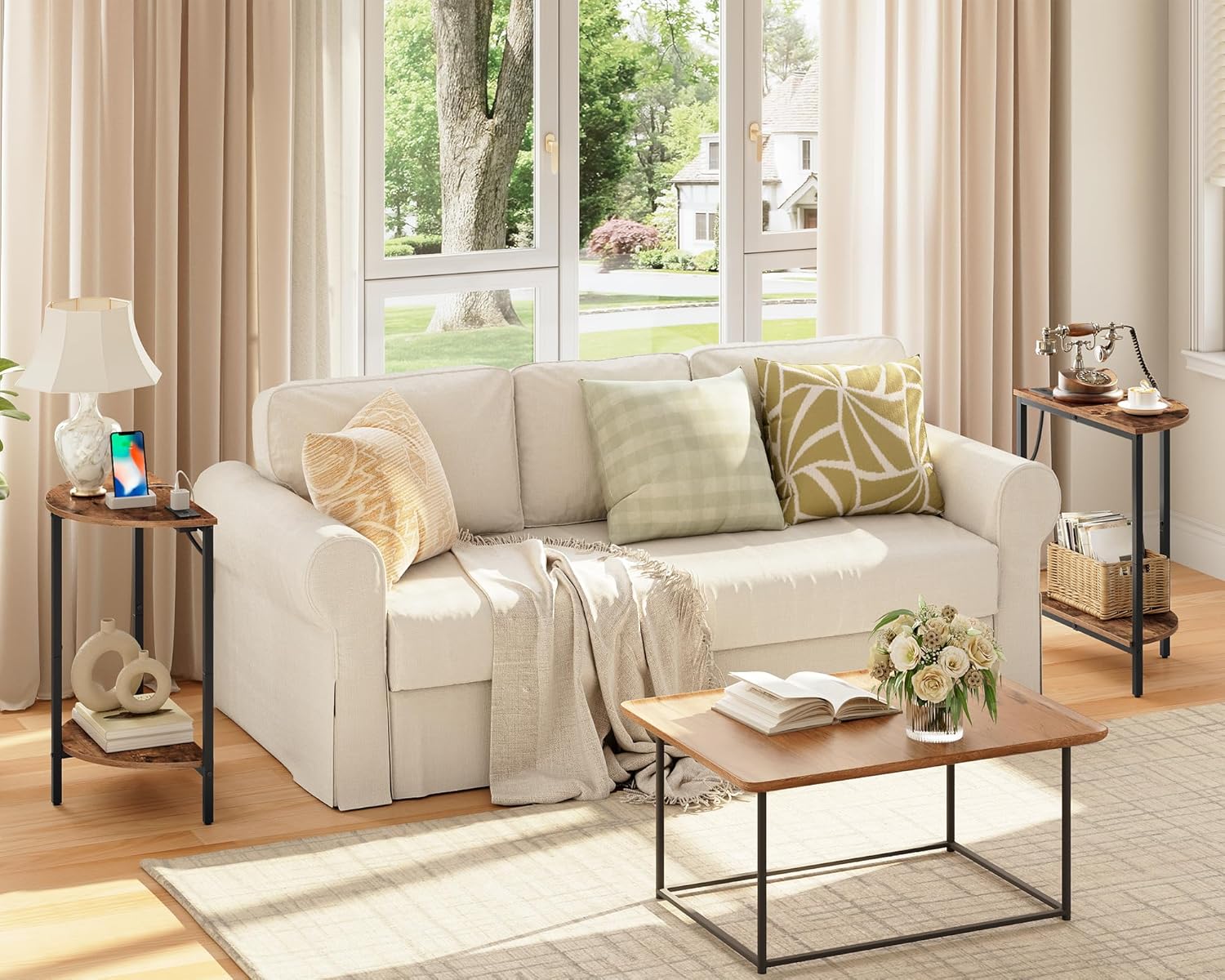 HOOBRO Half Moon Table with Charging Station, Industrial End/Side Table Half Round, 2-Tier Small Entryway Table for Small Space in Living Room, Bedroom, Hallway, Rustic Brown and Black BF166UBZ01