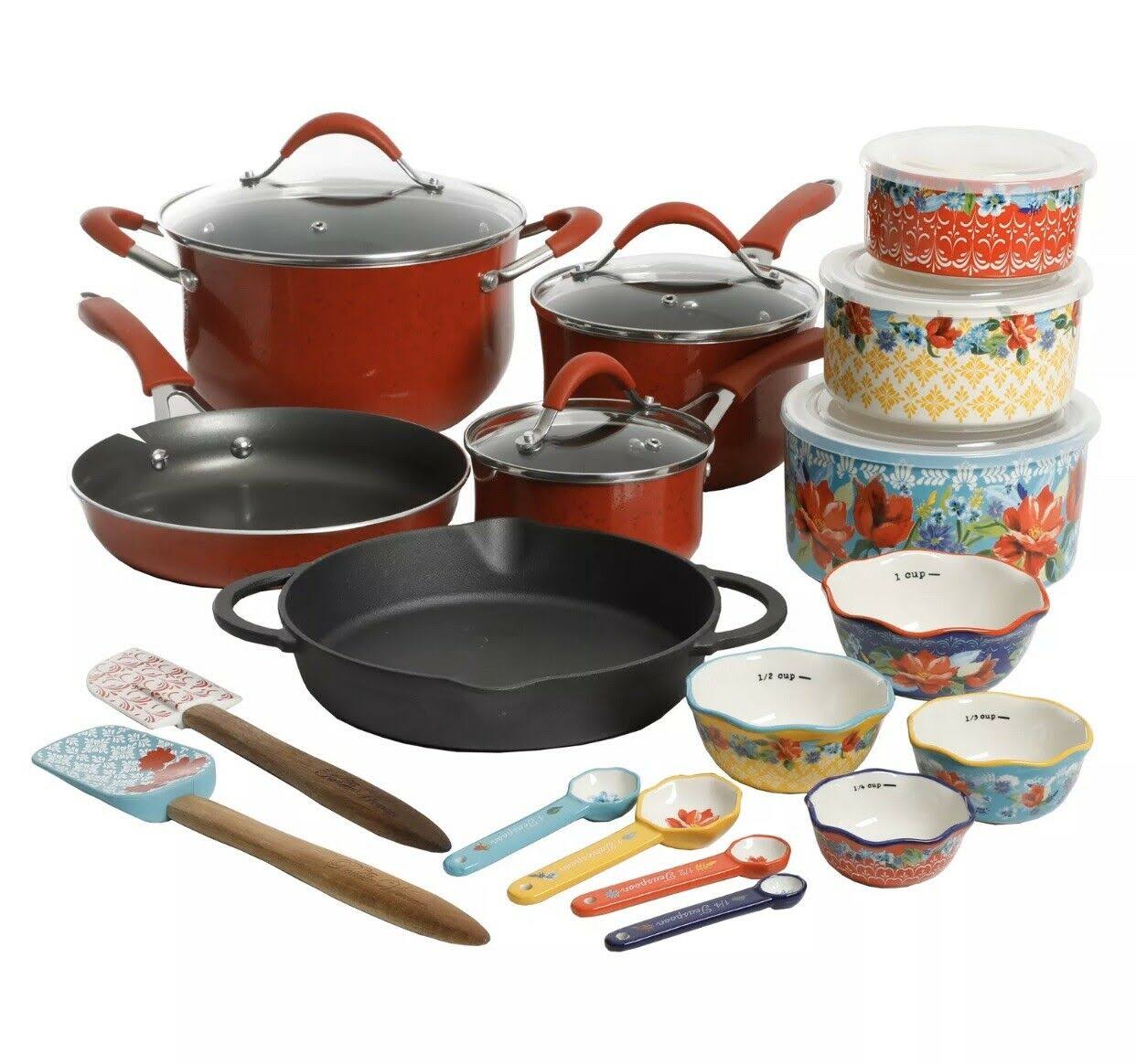 The Pioneer Woman Frontier Speckle 24-Piece Cookware Combo Set, Red