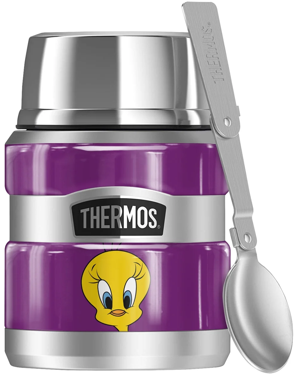 Looney Tunes Tweety Bird Pose, THERMOS STAINLESS KING Stainless Steel Food Jar with Folding Spoon, Vacuum insulated & Double Wall, 16oz