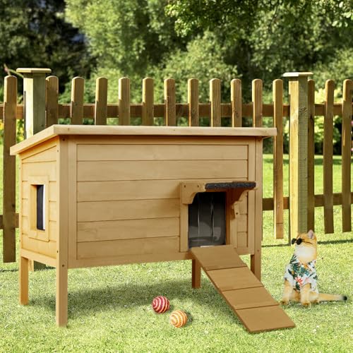 Ivy&Lane Outdoor-Cat-House | Insulated-Feral-Cat-Shelter | Weatherproof | for Winter | Foam & Wood | Large | for Multiple Cats | Fold-up Stair | Acrylic Window | Brown