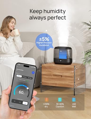 Dreo Smart Humidifiers for Bedroom, Top Fill 4L Cool Mist Humidifier with Nightlight, 32H Runtime, Touch/APP/Voice Control, Quiet Ultrasonic Humidifiers for Large Room, Home, Baby, Plants, Office
