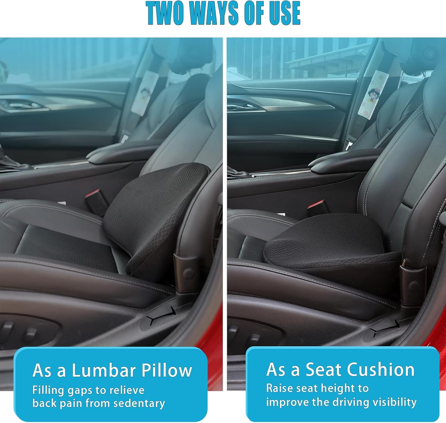 Car Seat Cushion for Driving - Comfort Memory Foam for Car Driver Seat- Back Support, Pain Relief - for Car Travel, Long Trips (Black)