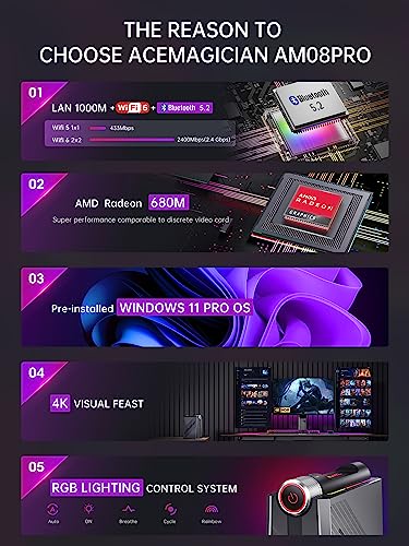 ACEMAGICIAN [Gaming PC] Mini PC Gaming, AMD Ryzen 7 5700U (up to 4.3Ghz) 32GB DDR4 512GB M.2 SSD Zen 3 Ryzen Mini PC RGB Lights AMR5 Mini Computer WiFi6 4K HDMI DP Type-C Small PC, Auto Power On