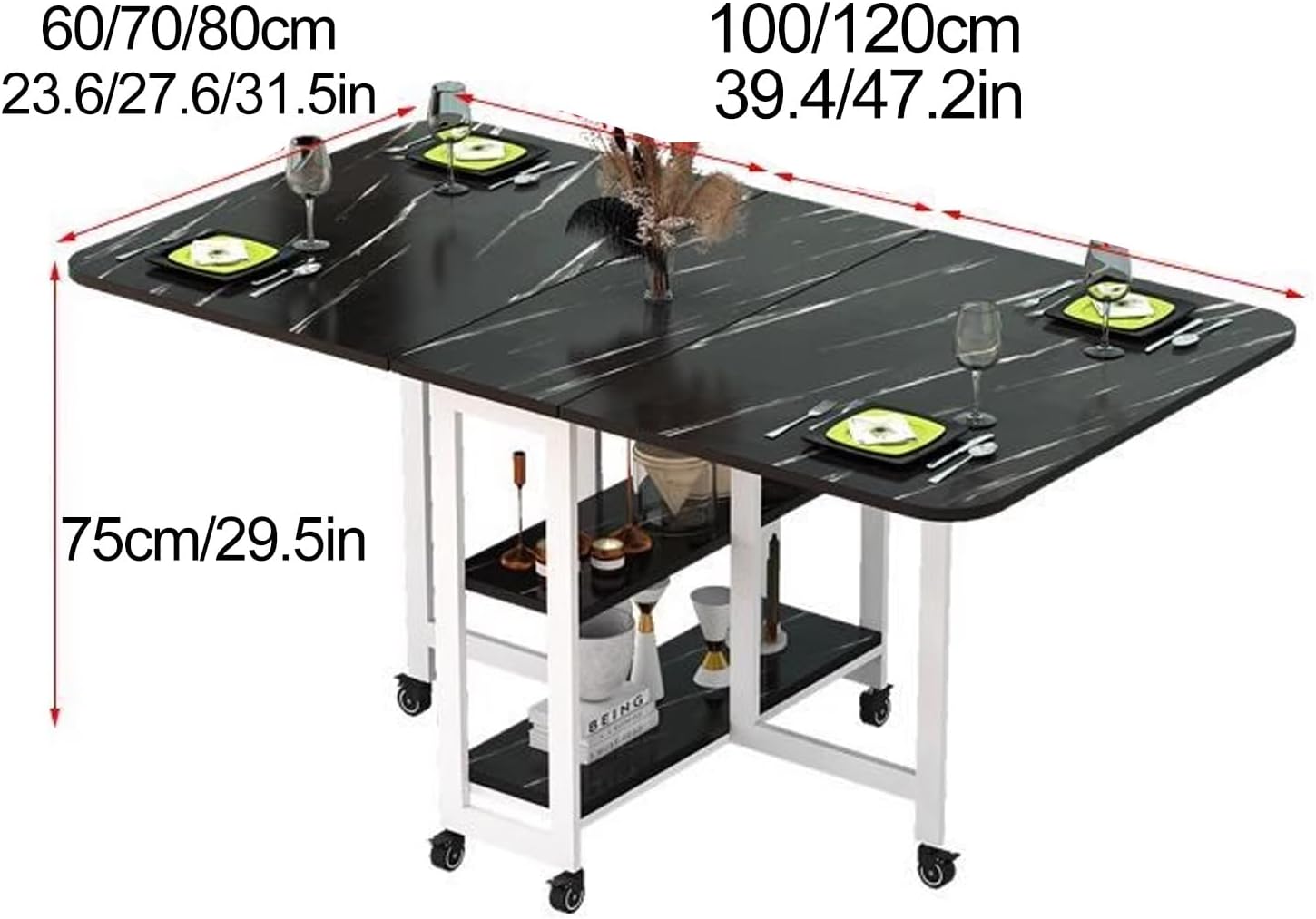Drop Leaf Dining Table, Modern Folding Dining Table with 6 Wheels and 2-Layer Storage Racks, Space Saving Kitchen Table, Carbon Steel Bracket, Foldable in 3 Forms